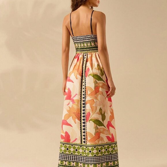 Multicolor Boho Women's Floral Print Hollow Out Sleeveless Extra Long Dress - Picture 2 of 7